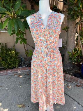 Coral, Blue & White Floral Midi Dress. Lightweight summer dress.